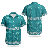 Cyan Hawaii Palm Tree Hibiscus Couples Matching Mermaid Dress and Hawaiian Shirt Fantasy Summer Vibe