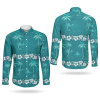 Cyan Hawaii Palm Tree Hibiscus Couples Matching Mermaid Dress and Long Sleeve Button Shirt Fantasy Summer Vibe