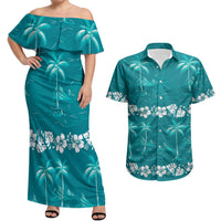 Cyan Hawaii Palm Tree Hibiscus Couples Matching Off Shoulder Maxi Dress and Hawaiian Shirt Fantasy Summer Vibe