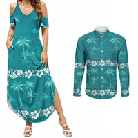 Cyan Hawaii Palm Tree Hibiscus Couples Matching Summer Maxi Dress and Long Sleeve Button Shirt Fantasy Summer Vibe LT01 Cyan - Polynesian Pride