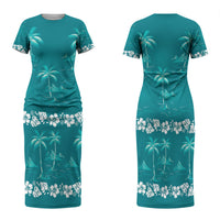 Cyan Hawaii Palm Tree Hibiscus Family Matching Short Sleeve Bodycon Dress and Hawaiian Shirt Fantasy Summer Vibe LT01 Mom's Dress Cyan - Polynesian Pride