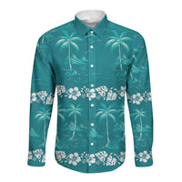 Cyan Hawaii Palm Tree Hibiscus Long Sleeve Button Shirt Fantasy Summer Vibe