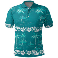 Cyan Hawaii Palm Tree Hibiscus Polo Shirt Fantasy Summer Vibe LT01 Cyan - Polynesian Pride