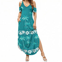 Cyan Hawaii Palm Tree Hibiscus Summer Maxi Dress Fantasy Summer Vibe LT01 Women Cyan - Polynesian Pride