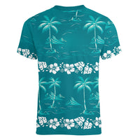 Cyan Hawaii Palm Tree Hibiscus Women V-Neck T-Shirt Fantasy Summer Vibe LT01 - Polynesian Pride