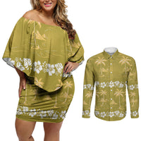 Yellow Hawaii Palm Tree Hibiscus Couples Matching Off Shoulder Short Dress and Long Sleeve Button Shirt Fantasy Summer Vibe