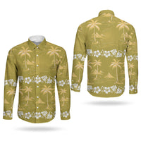 Yellow Hawaii Palm Tree Hibiscus Couples Matching Off The Shoulder Long Sleeve Dress and Long Sleeve Button Shirt Fantasy Summer Vibe LT01 - Polynesian Pride