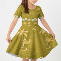 Yellow Hawaii Palm Tree Hibiscus Kid Short Sleeve Dress Fantasy Summer Vibe