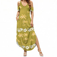 Yellow Hawaii Palm Tree Hibiscus Summer Maxi Dress Fantasy Summer Vibe LT01 Women Yellow - Polynesian Pride