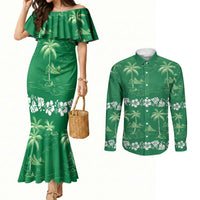 Green Hawaii Palm Tree Hibiscus Couples Matching Mermaid Dress and Long Sleeve Button Shirt Fantasy Summer Vibe