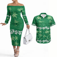 Green Hawaii Palm Tree Hibiscus Couples Matching Off The Shoulder Long Sleeve Dress and Hawaiian Shirt Fantasy Summer Vibe LT01 Green - Polynesian Pride