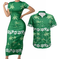 Green Hawaii Palm Tree Hibiscus Couples Matching Short Sleeve Bodycon Dress and Hawaiian Shirt Fantasy Summer Vibe LT01 Green - Polynesian Pride
