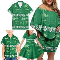 Green Hawaii Palm Tree Hibiscus Family Matching Off Shoulder Short Dress and Hawaiian Shirt Fantasy Summer Vibe LT01 - Polynesian Pride