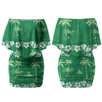 Green Hawaii Palm Tree Hibiscus Family Matching Off Shoulder Short Dress and Hawaiian Shirt Fantasy Summer Vibe LT01 Mom's Dress Green - Polynesian Pride