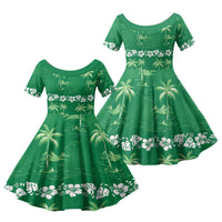 Green Hawaii Palm Tree Hibiscus Family Matching Short Sleeve Bodycon Dress and Hawaiian Shirt Fantasy Summer Vibe LT01 Daughter's Dress Green - Polynesian Pride