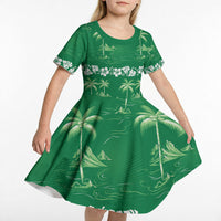Green Hawaii Palm Tree Hibiscus Kid Short Sleeve Dress Fantasy Summer Vibe