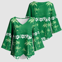 Green Hawaii Palm Tree Hibiscus Kimono Sleeve Blouse Fantasy Summer Vibe LT01 - Polynesian Pride