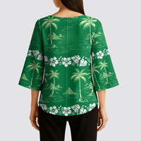 Green Hawaii Palm Tree Hibiscus Kimono Sleeve Blouse Fantasy Summer Vibe LT01 - Polynesian Pride
