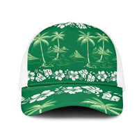 Green Hawaii Palm Tree Hibiscus Mesh Trucker Cap Fantasy Summer Vibe LT01 One Size White Green - Polynesian Pride