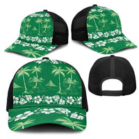 Green Hawaii Palm Tree Hibiscus Mesh Trucker Cap Fantasy Summer Vibe LT01 - Polynesian Pride