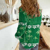 Green Hawaii Palm Tree Hibiscus Women Casual Shirt Fantasy Summer Vibe LT01 - Polynesian Pride