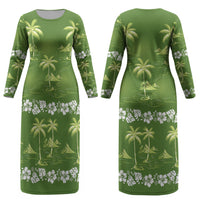 Olive Green Hawaii Palm Tree Hibiscus Couples Matching Long Sleeve Bodycon Dress and Long Sleeve Button Shirt Fantasy Summer Vibe LT01 - Polynesian Pride