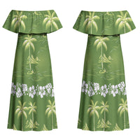 Olive Green Hawaii Palm Tree Hibiscus Couples Matching Off Shoulder Maxi Dress and Long Sleeve Button Shirt Fantasy Summer Vibe
