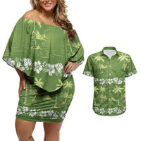 Olive Green Hawaii Palm Tree Hibiscus Couples Matching Off Shoulder Short Dress and Hawaiian Shirt Fantasy Summer Vibe LT01 Olive - Polynesian Pride