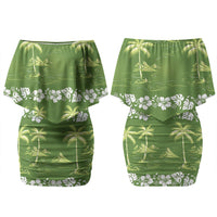 Olive Green Hawaii Palm Tree Hibiscus Couples Matching Off Shoulder Short Dress and Hawaiian Shirt Fantasy Summer Vibe LT01 - Polynesian Pride