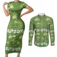 Olive Green Hawaii Palm Tree Hibiscus Couples Matching Short Sleeve Bodycon Dress and Long Sleeve Button Shirt Fantasy Summer Vibe LT01 Olive - Polynesian Pride