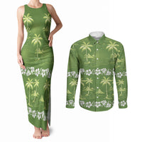 Olive Green Hawaii Palm Tree Hibiscus Couples Matching Tank Maxi Dress and Long Sleeve Button Shirt Fantasy Summer Vibe