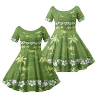 Olive Green Hawaii Palm Tree Hibiscus Family Matching Puletasi and Hawaiian Shirt Fantasy Summer Vibe