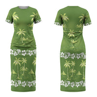 Olive Green Hawaii Palm Tree Hibiscus Family Matching Short Sleeve Bodycon Dress and Hawaiian Shirt Fantasy Summer Vibe LT01 Mom's Dress Olive - Polynesian Pride