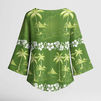 Olive Green Hawaii Palm Tree Hibiscus Kimono Sleeve Blouse Fantasy Summer Vibe LT01 - Polynesian Pride