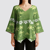 Olive Green Hawaii Palm Tree Hibiscus Kimono Sleeve Blouse Fantasy Summer Vibe LT01 - Polynesian Pride