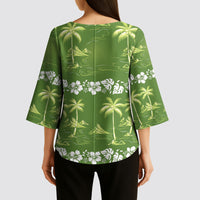 Olive Green Hawaii Palm Tree Hibiscus Kimono Sleeve Blouse Fantasy Summer Vibe LT01 - Polynesian Pride