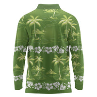 Olive Green Hawaii Palm Tree Hibiscus Long Sleeve Polo Shirt Fantasy Summer Vibe LT01 - Polynesian Pride