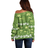 Olive Green Hawaii Palm Tree Hibiscus Off Shoulder Sweater Fantasy Summer Vibe LT01 - Polynesian Pride