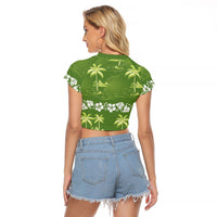 Olive Green Hawaii Palm Tree Hibiscus Raglan Cropped T Shirt Fantasy Summer Vibe LT01 - Polynesian Pride