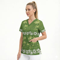 Olive Green Hawaii Palm Tree Hibiscus Scrub Top Fantasy Summer Vibe LT01 - Polynesian Pride