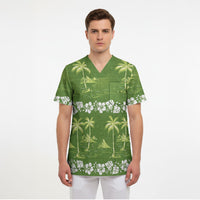 Olive Green Hawaii Palm Tree Hibiscus Scrub Top Fantasy Summer Vibe LT01 - Polynesian Pride