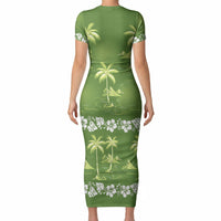 Olive Green Hawaii Palm Tree Hibiscus Short Sleeve Bodycon Dress Fantasy Summer Vibe LT01 - Polynesian Pride