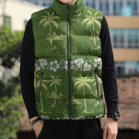 Olive Green Hawaii Palm Tree Hibiscus Sleeveless Puffer Jacket Fantasy Summer Vibe LT01 - Polynesian Pride
