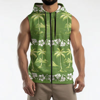 Olive Green Hawaii Palm Tree Hibiscus Sleeveless Zip Hoodie Fantasy Summer Vibe LT01 - Polynesian Pride