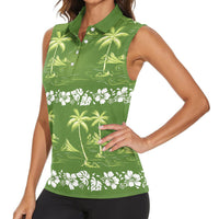 Olive Green Hawaii Palm Tree Hibiscus Women Sleeveless Polo Shirt Fantasy Summer Vibe LT01 - Polynesian Pride