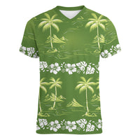 Olive Green Hawaii Palm Tree Hibiscus Women V-Neck T-Shirt Fantasy Summer Vibe LT01 Female Olive - Polynesian Pride