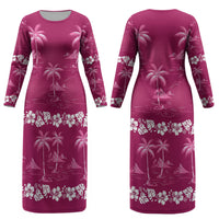 Pink Hawaii Palm Tree Hibiscus Couples Matching Long Sleeve Bodycon Dress and Hawaiian Shirt Fantasy Summer Vibe LT01 - Polynesian Pride