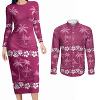 Pink Hawaii Palm Tree Hibiscus Couples Matching Long Sleeve Bodycon Dress and Long Sleeve Button Shirt Fantasy Summer Vibe LT01 Pink - Polynesian Pride