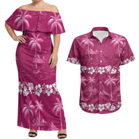 Pink Hawaii Palm Tree Hibiscus Couples Matching Off Shoulder Maxi Dress and Hawaiian Shirt Fantasy Summer Vibe LT01 Pink - Polynesian Pride