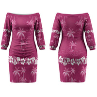 Pink Hawaii Palm Tree Hibiscus Couples Matching Off The Shoulder Long Sleeve Dress and Hawaiian Shirt Fantasy Summer Vibe LT01 - Polynesian Pride